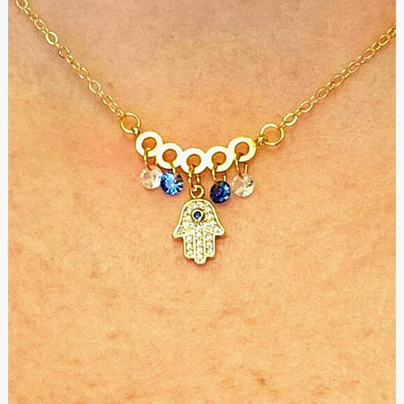 Dainty CZ Hamsa Necklace Pendant Crystals Unique Gold-Plated Adjustable Chain - Picture 1 of 6